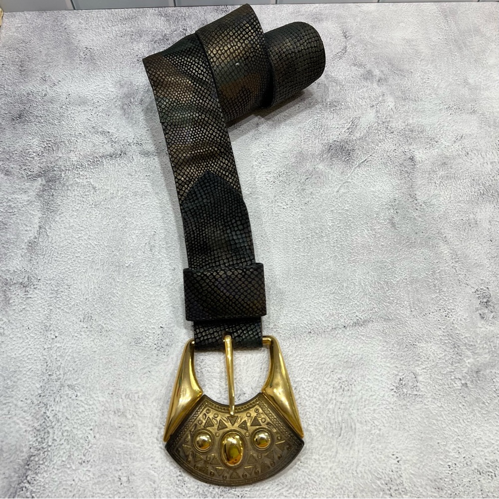 Vintage 80s Statement Womens Belt Faux Snakeskin Leather Bold Gold Buckle